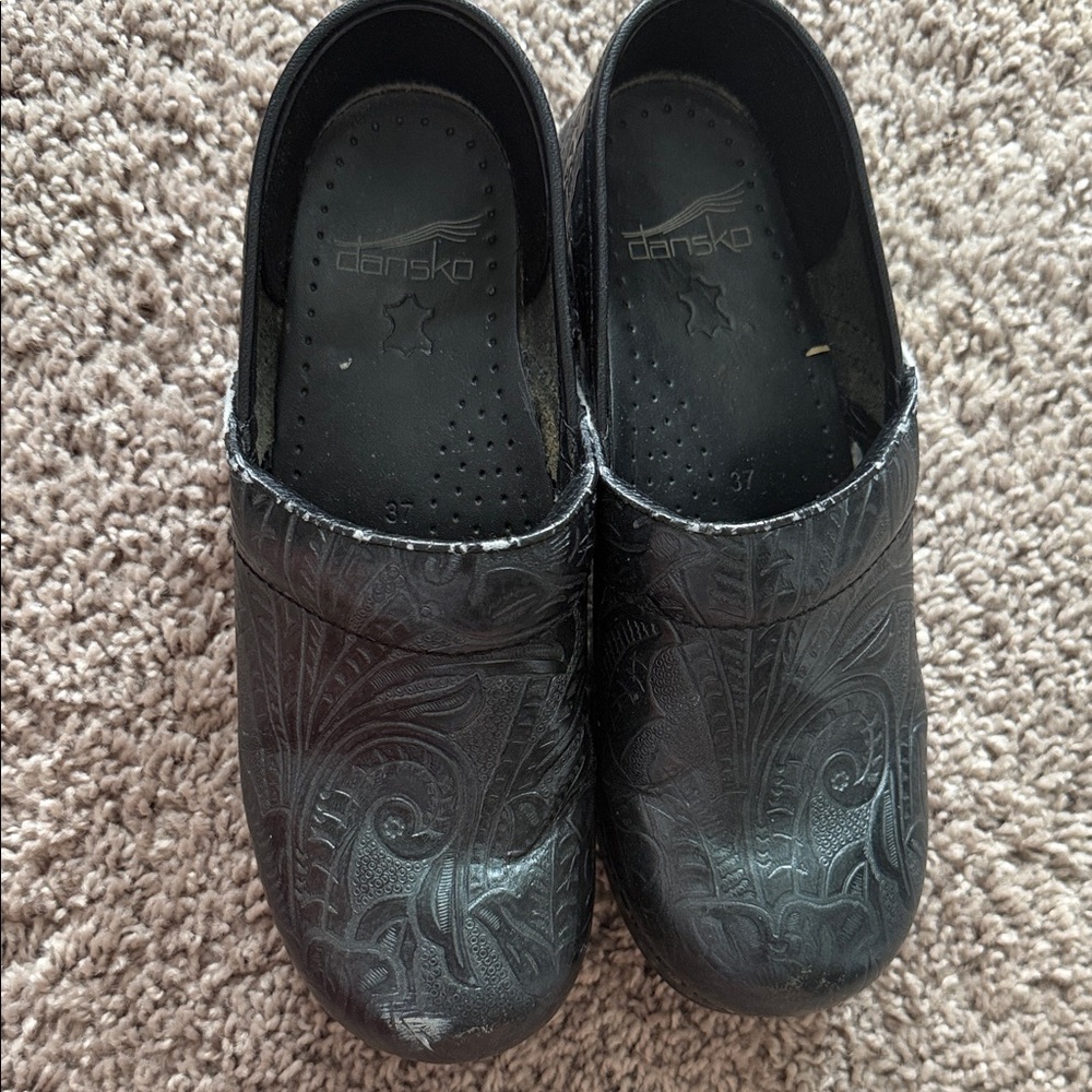 Dansko Black Embossed Leather Slip-On Clogs
